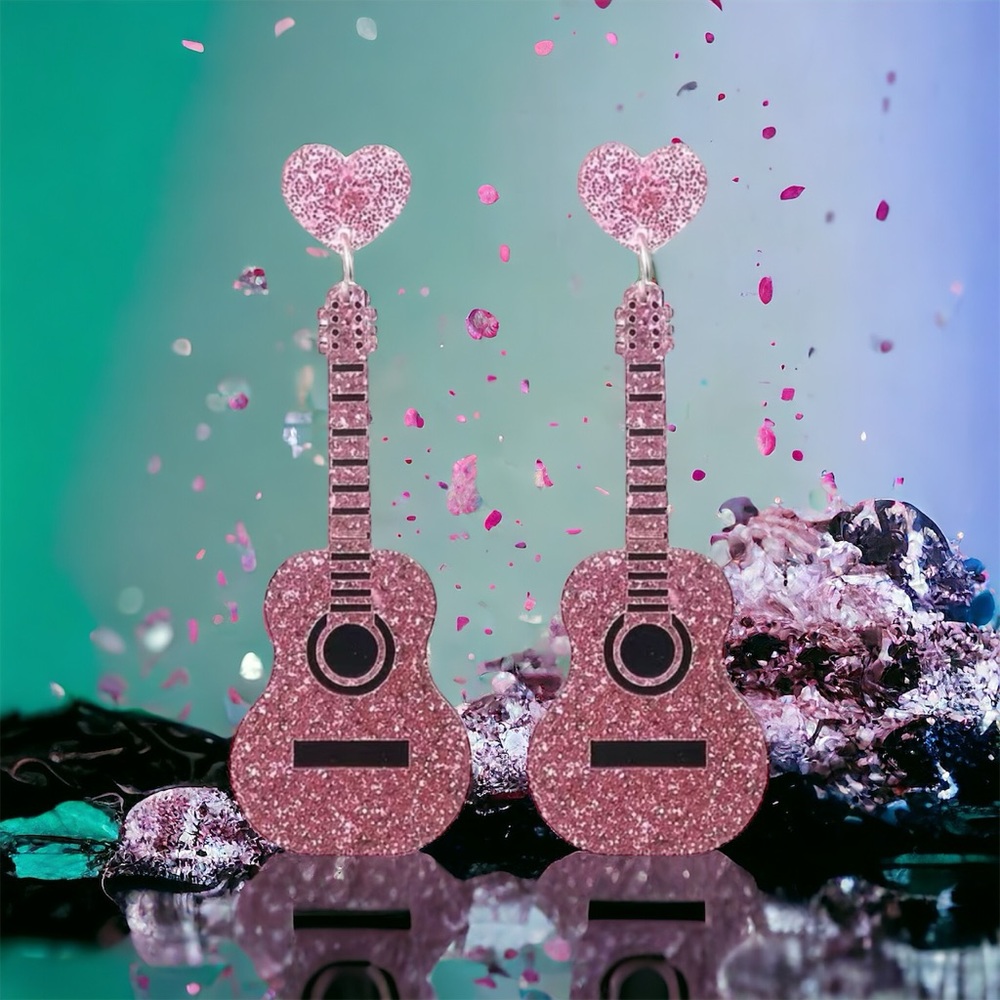 Sparkle with style: Pink guitar glitter acrylic earrings - Picture 10 of 13